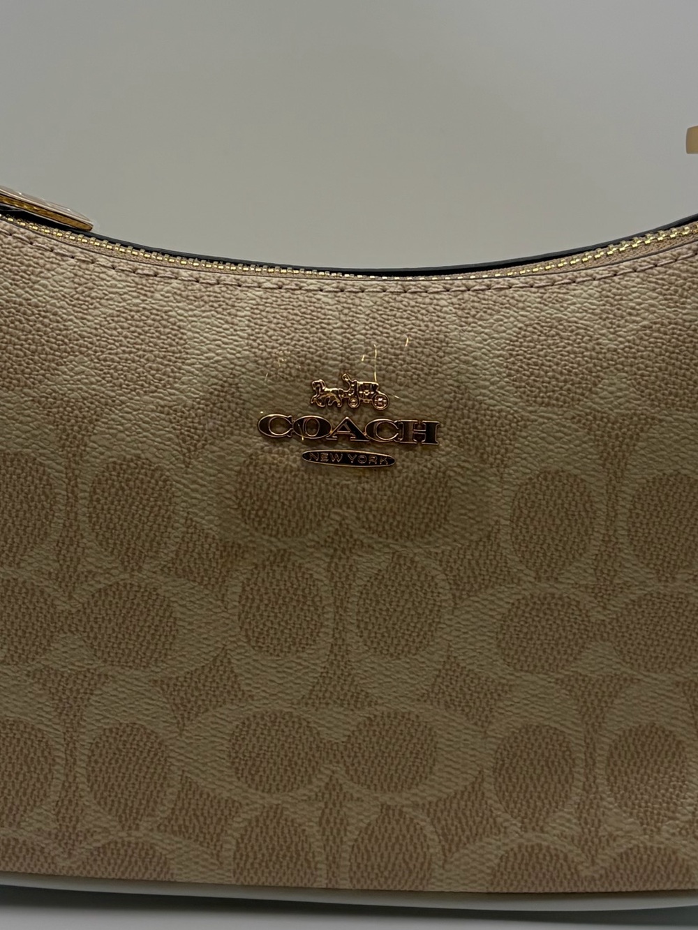Coach Tan Signature Canvas Shoulder Bag with White Trim
